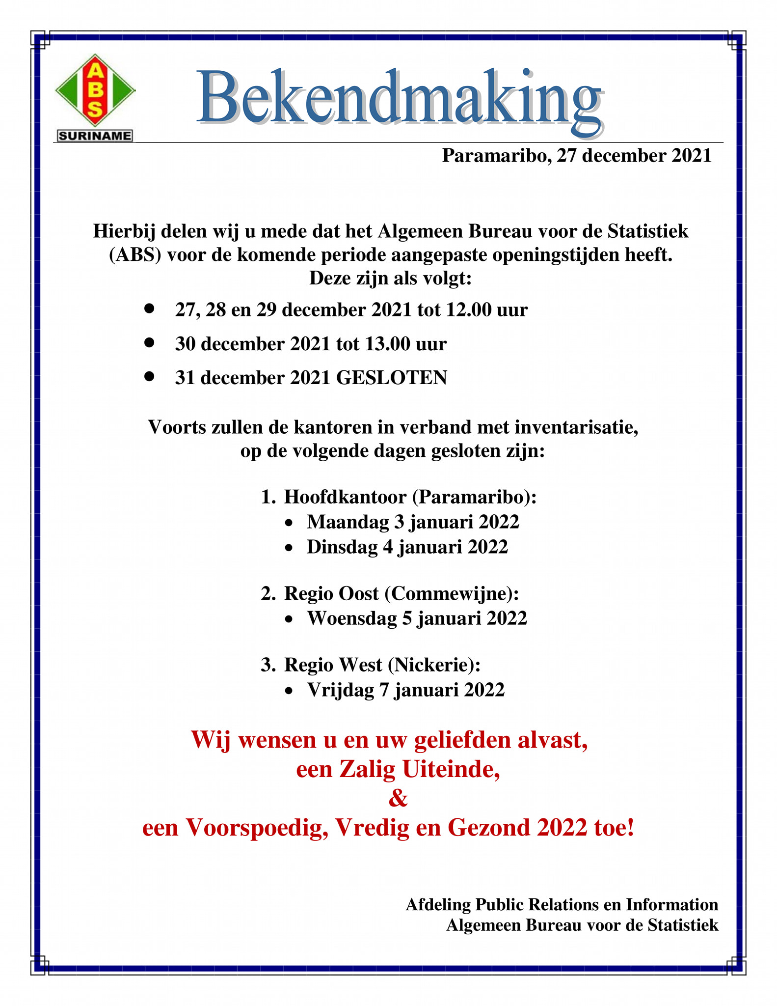 Announcement Regarding Closing Times and Inventory GBS  Algemeen