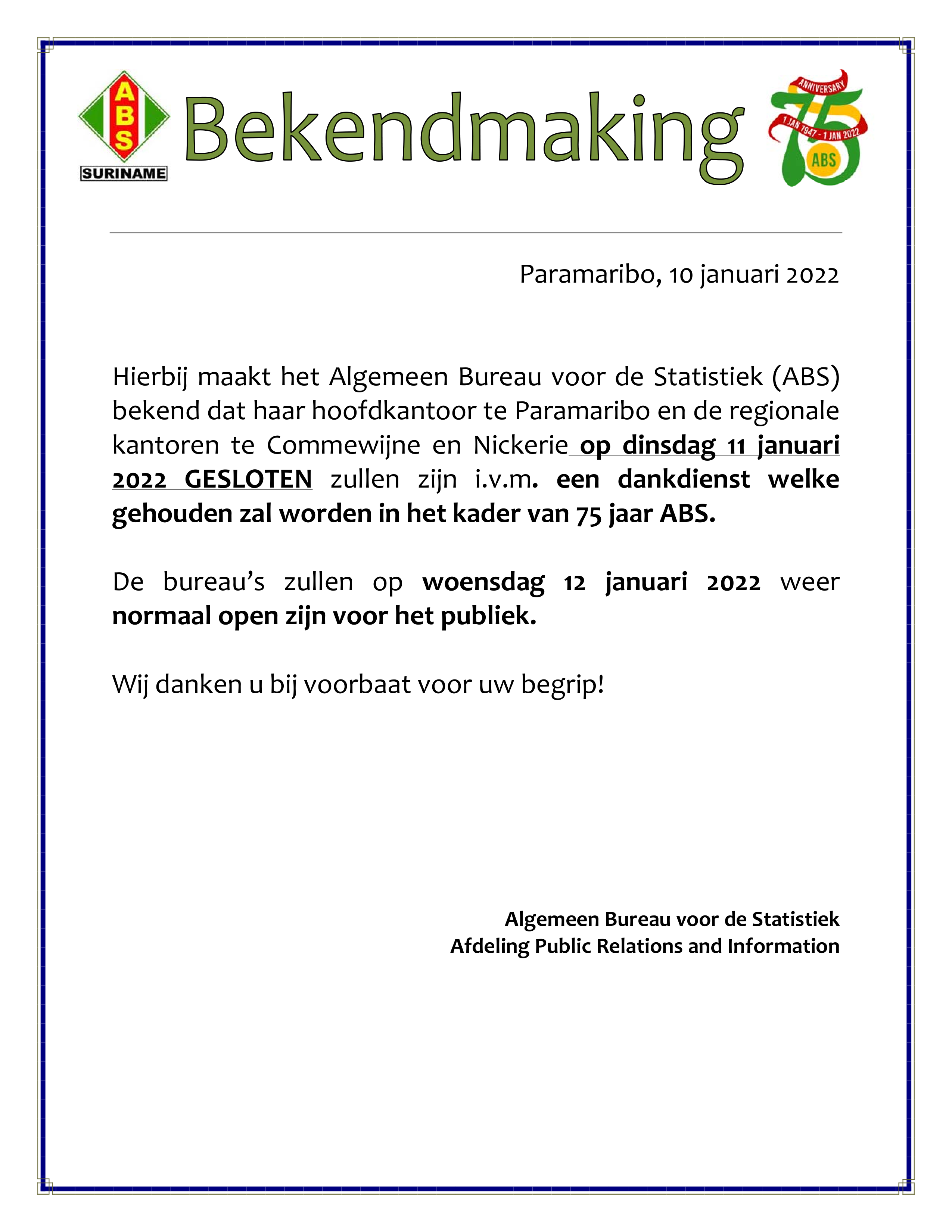 Announcement closing GBS  Algemeen Bureau voor de Statistiek in Suriname
